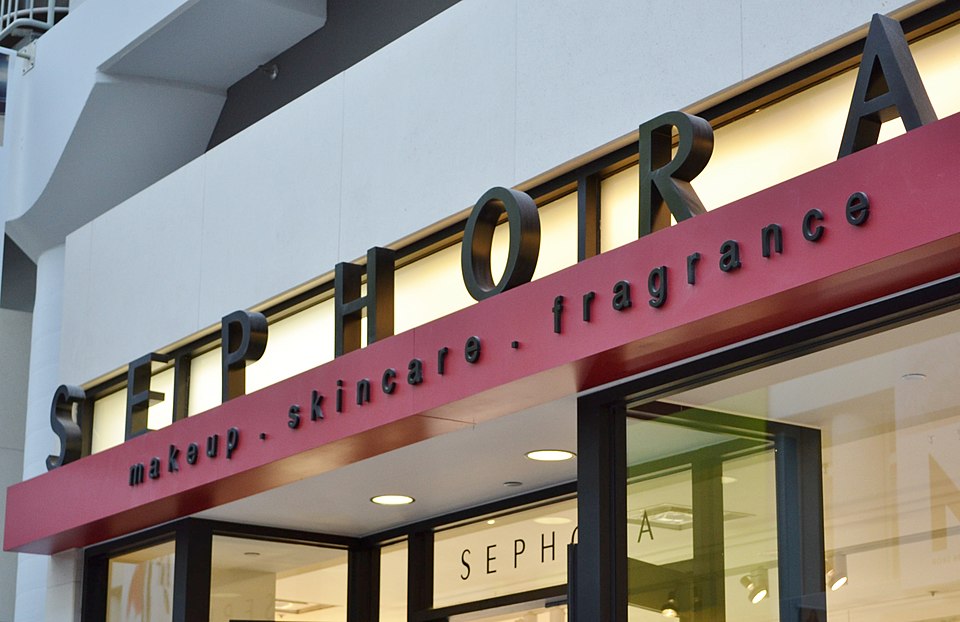 Sephora storefront at Toronto Eaton Centre in Toronto, Ontario, Canada, featuring the brand's black-and-white signage and glass entrance.