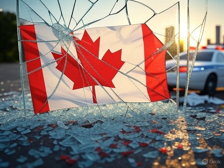 Canadian flag and shattered glass (grok)