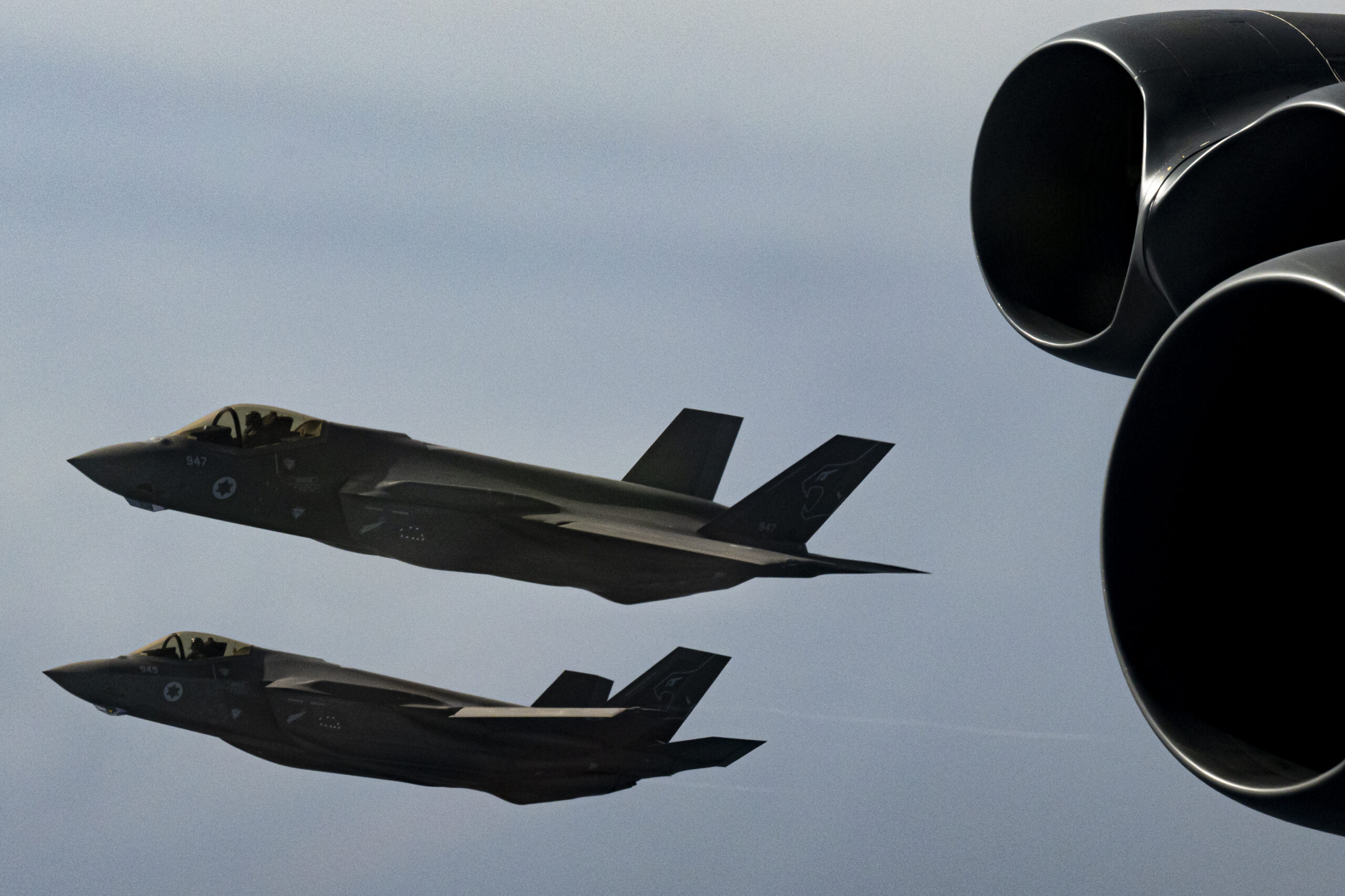 Two IAF F-35I Adir aircraft escort a U.S. B-52 over the eastern Mediterranean Sea in March 2025. (U.S. Air Force photo by Master Sgt. Chris Hibben).