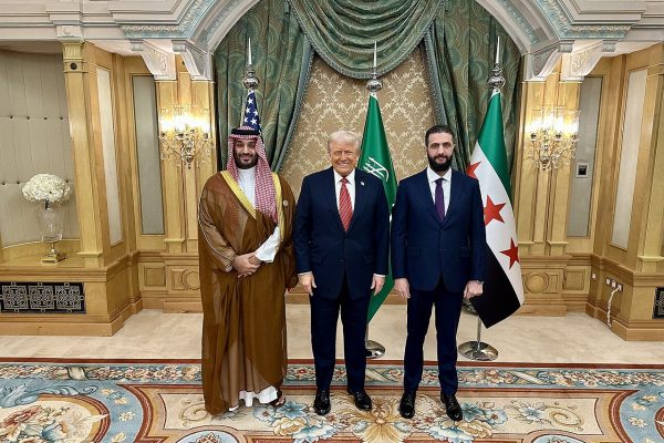 President of the United States Donald Trump with Saudi Crown Prince Mohammed Bin Salman and President of Syria Ahmed al-Sharaa during Donald Trump's state visit to Saudi Arabia (White House)