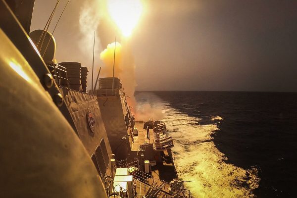 The Arleigh Burke-class guided-missile destroyer USS Carney (DDG 64) defeats a combination of Houthi missiles and unmanned aerial vehicles in the Red Sea, Oct. 19. Carney is deployed to the U.S. 5th Fleet area of operations to help ensure maritime security and stability in the Middle East region. (U.S. Navy photo by Mass Communication Specialist 2nd Class Aaron Lau)